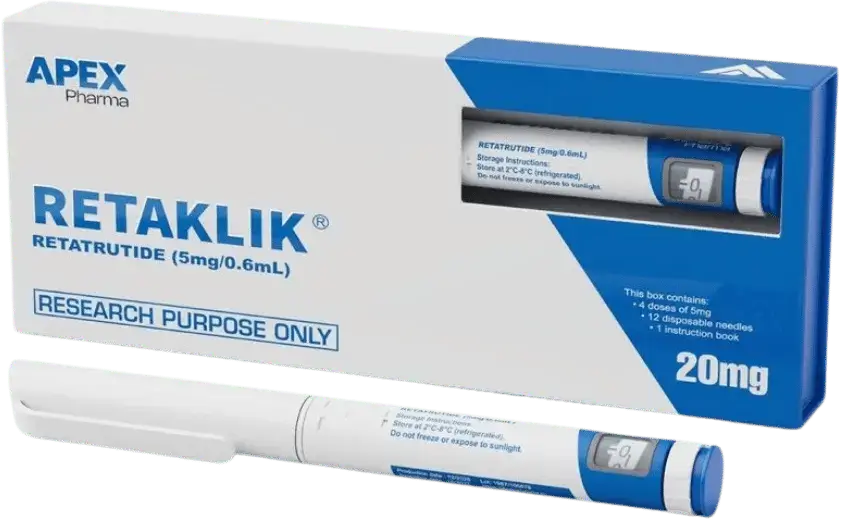 Apex Pharma Retatrutide 20 mg lyophilised research peptide vial and packaging