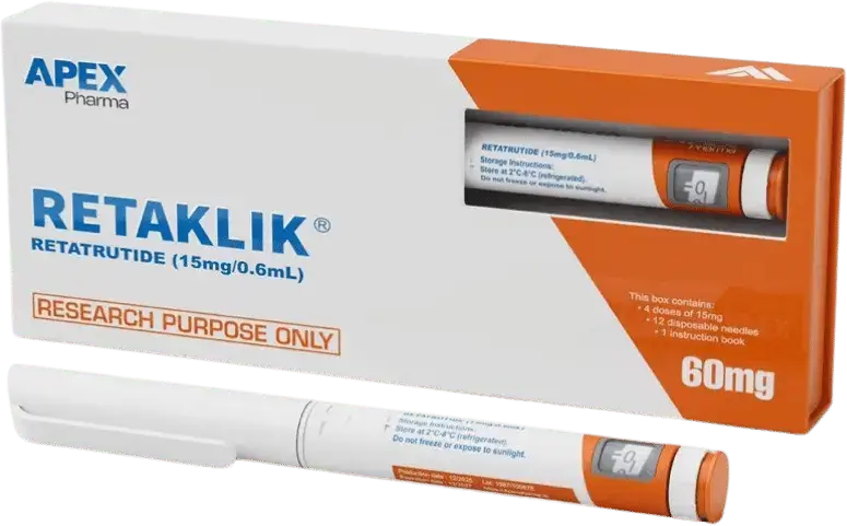 Apex Pharma Retatrutide 60 mg lyophilised research peptide vial and packaging