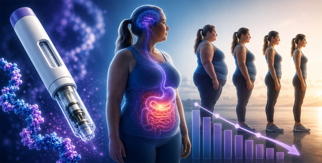 Retatrutide vial and clinical data illustration for the NEJM Phase 2 obesity trial