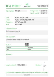 Retatrutide 40 mg – Alluvi certificate of analysis – batch AR1739JAT, 99.269% purity