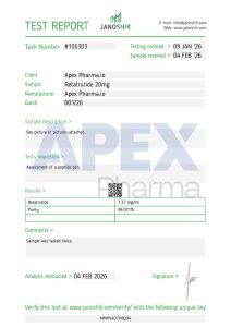 Retatrutide 20 mg Pen certificate of analysis – batch 001/26, 99.071% purity